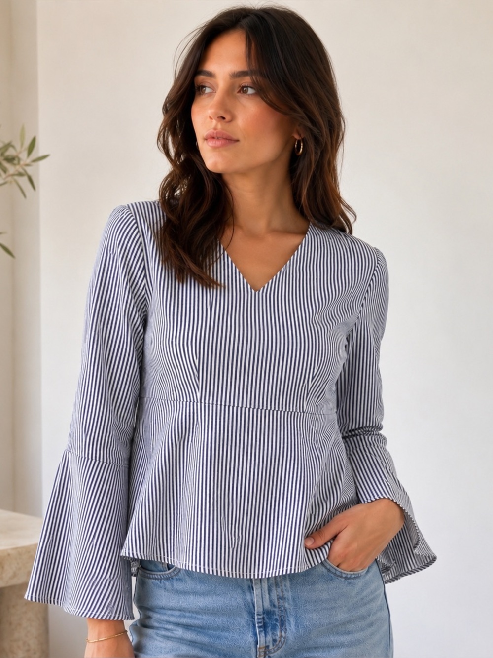 1st sight striped blouse with bell sleeves Small